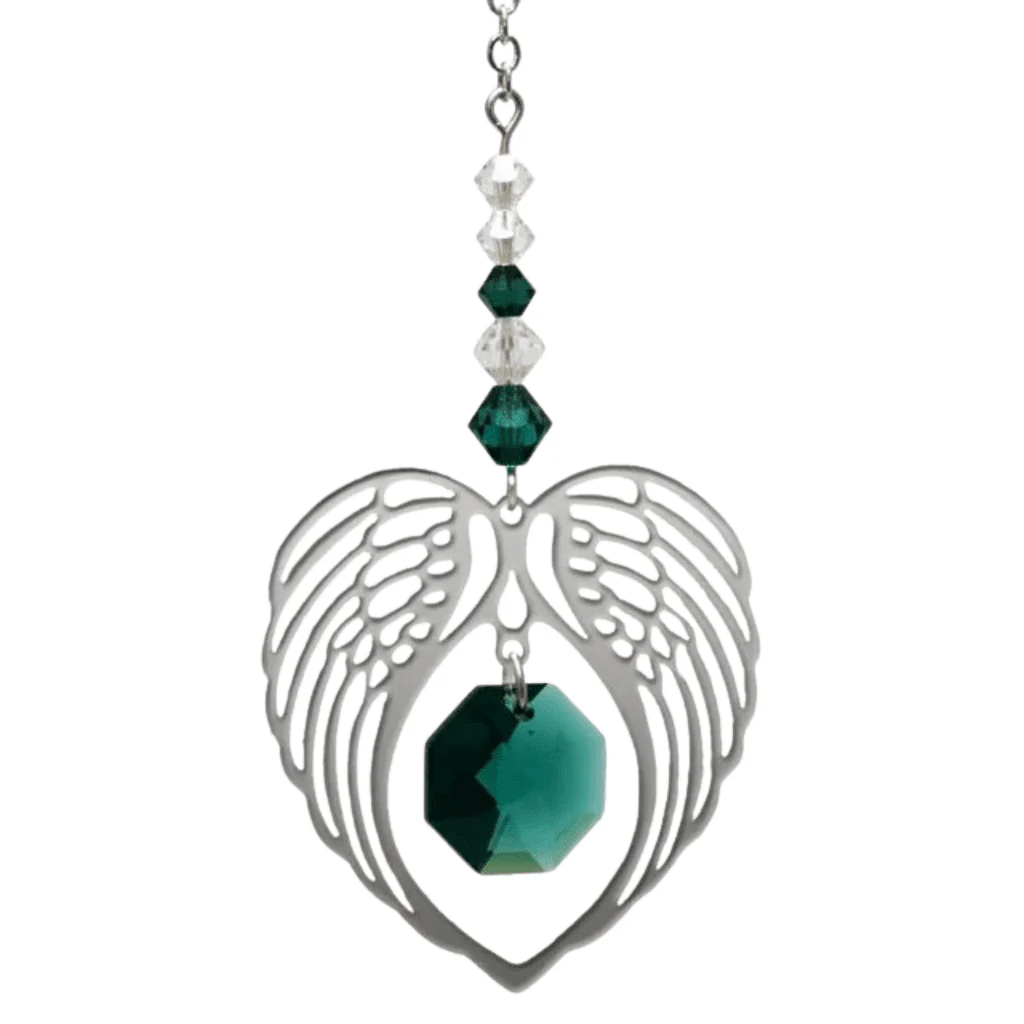 Wild Things Emerald Angel Wing Heart Suncatcher – May Birthstone Gift