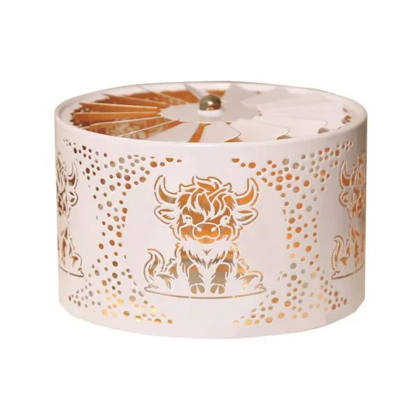 Highland Cow Spinning Carousel Candle Shade – White
