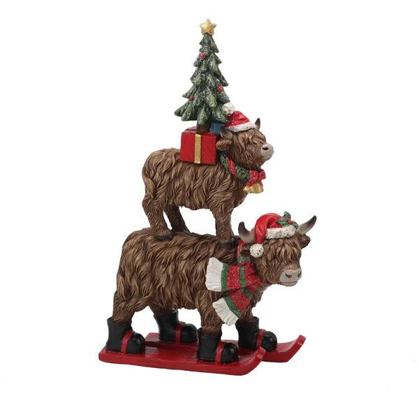 Christmas Stacked Highland Cows 25cm – Festive Ski Ornament