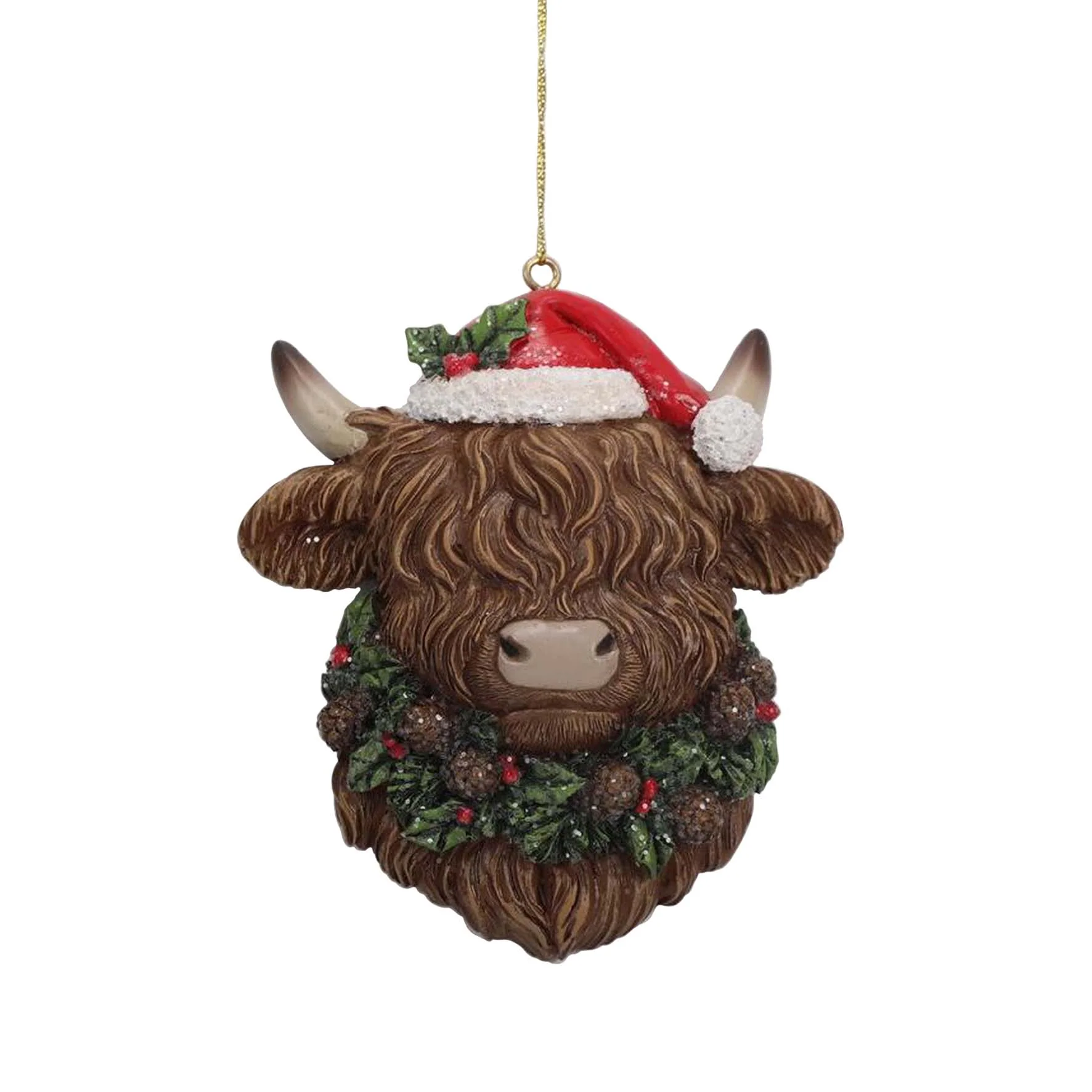 Highland Cow Head Santa Hat Hanging Decoration – 12cm