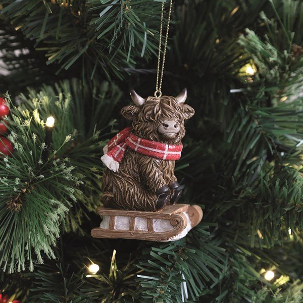 Highland Cow Sledge Christmas Tree Decoration – 9cm - Image 2