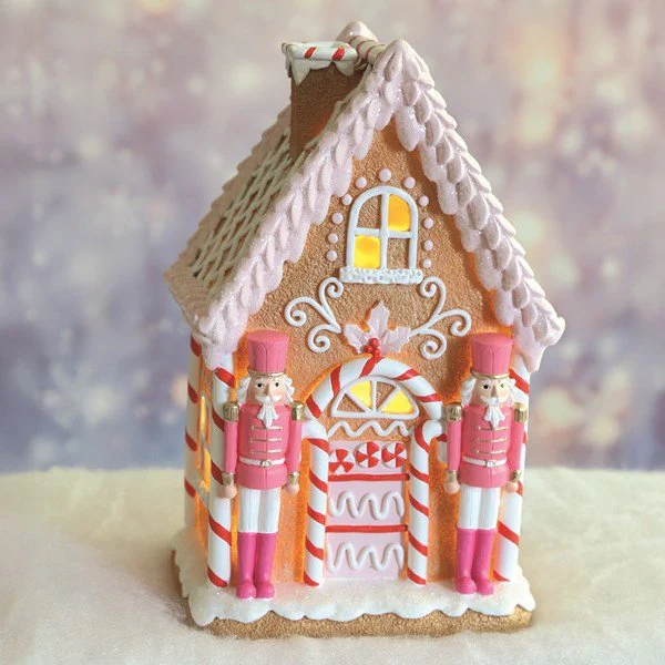 LED Pink Gingerbread House with Nutcrackers - Image 2