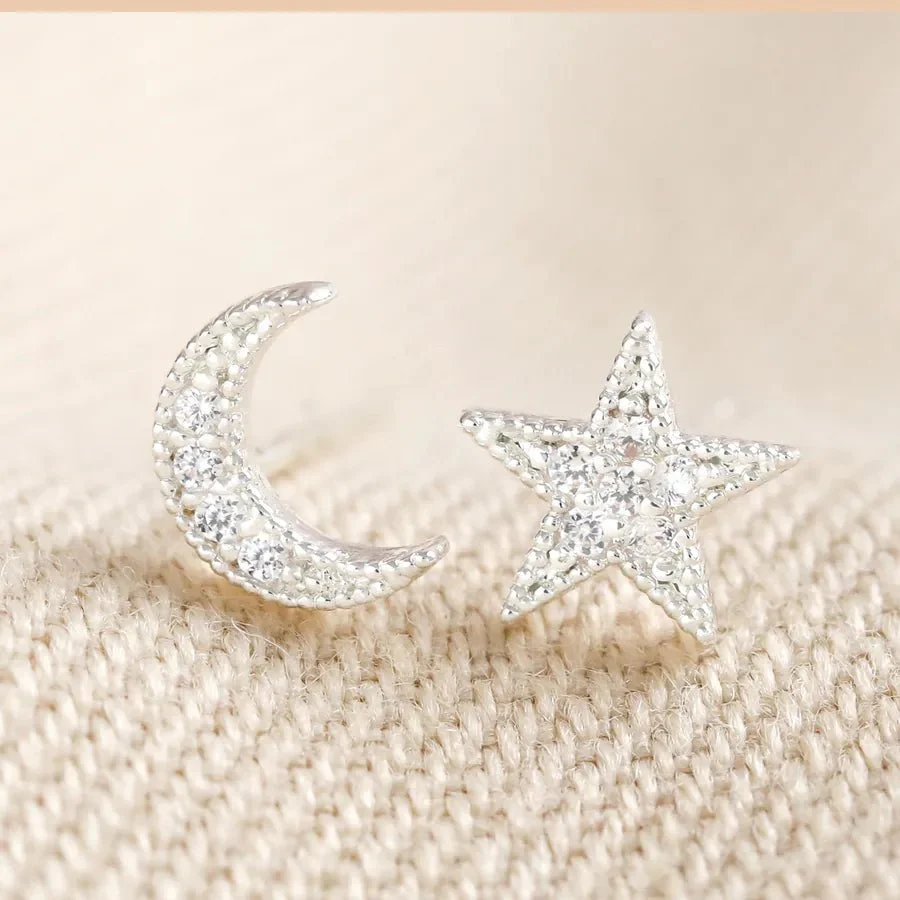 Lisa Angel Silver Moon & Star Crystal Stud Earrings