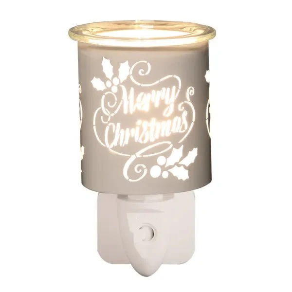 Plug-In Wax Melt Burner – White & Gold Merry Christmas 13cm