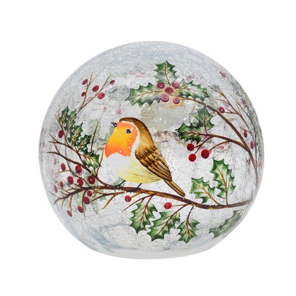 Robin & Holly LED Crackle Glass Ball 14cm – Light-Up Decoration
