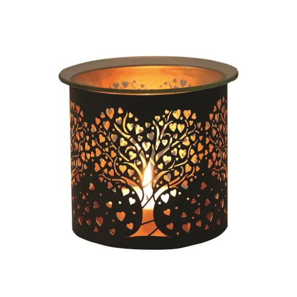 Tealight Wax Melter and Candle Holder - Black & Gold Silhouette Heart Tree