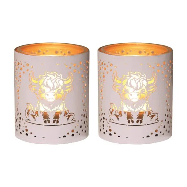 Votive Candle Holder  – White and Gold Highland Cow