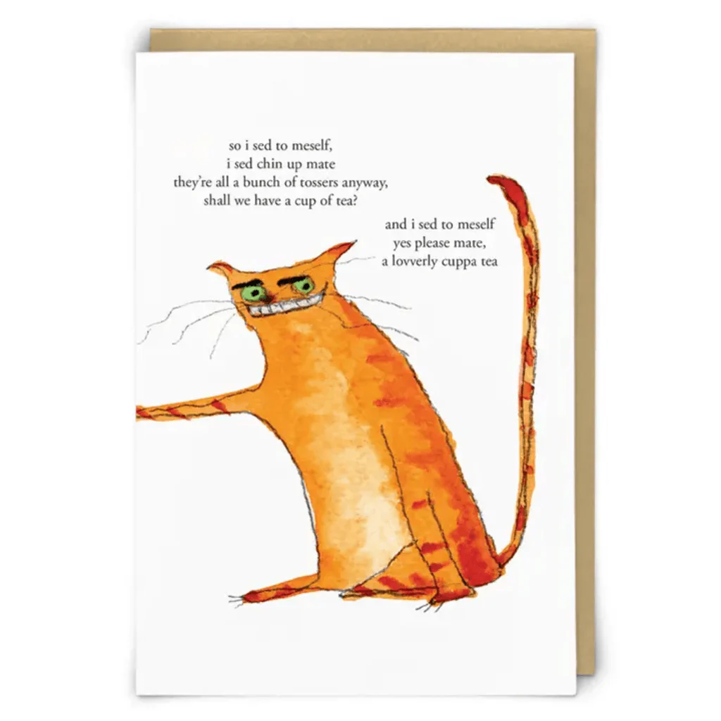 Cup of Tea Funny Cat Greeting Card by Zeppelinmoon